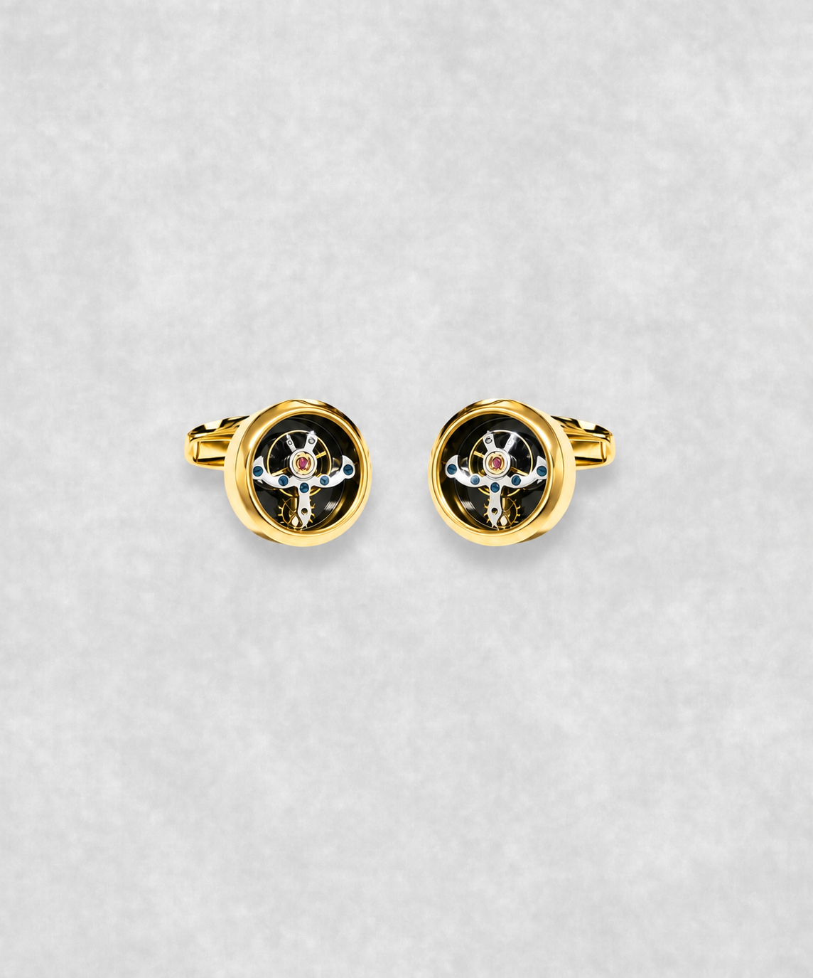 Gold-plated tourbillon cufflinks with moving flywheel – luxury watch-inspired cufflinks with blue screw details