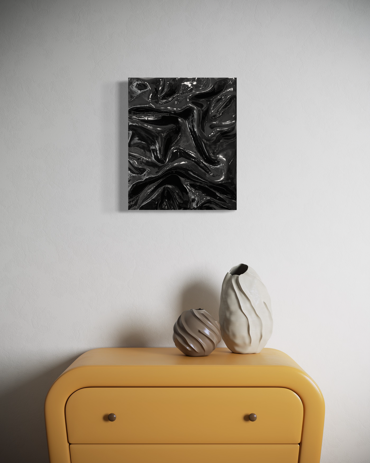 Black colored wall art by Sarah Kvejborg hanging on a neutral-colored wall.