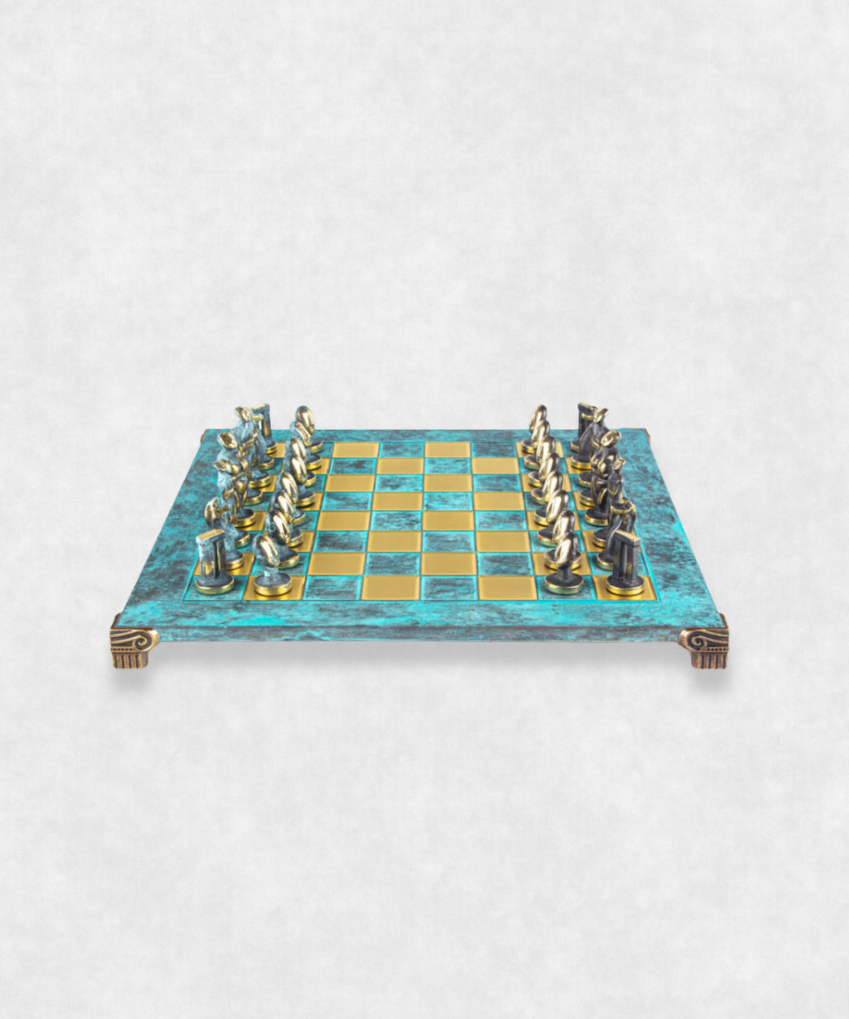 cycladic art chess zoom on chessmen turquoise board
