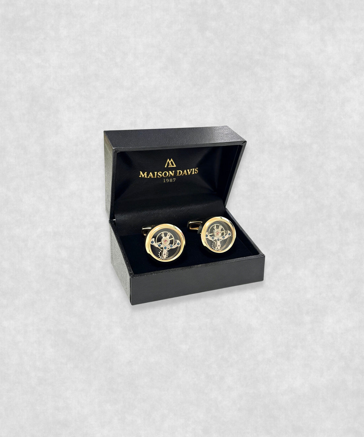 Gold-plated tourbillon cufflinks in luxury presentation box – moving flywheel design with blue screw details
