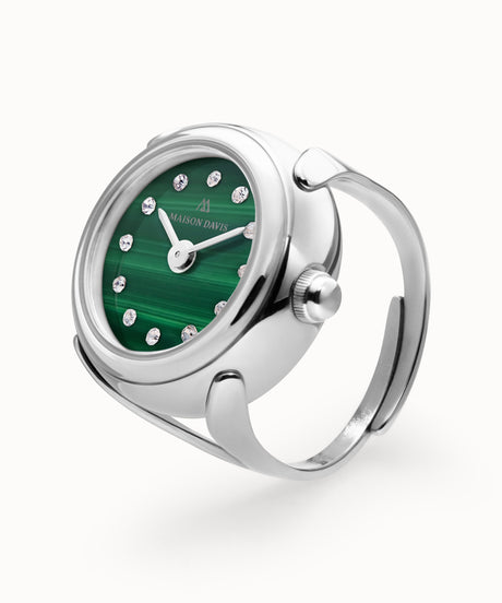 Bague montre Maison Davis en acier inoxydable avec un cadran.en malachite naturel, fabrique en suisse.
