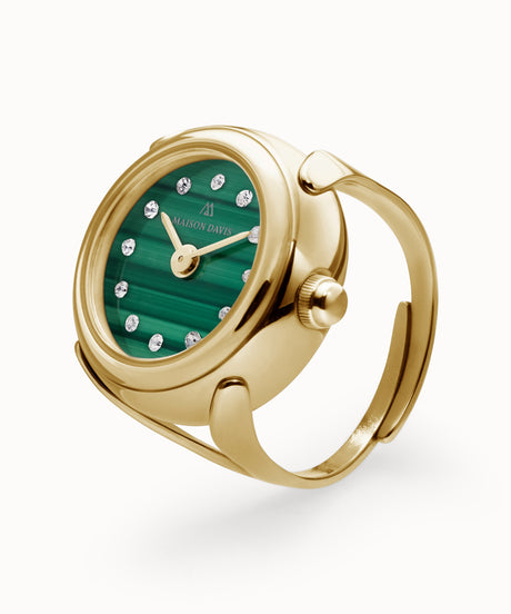 Ring watch Maison Davis in yellow gold with malachite dial, crystal markers, Swiss made.