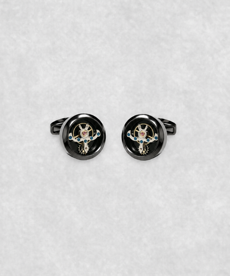 Black-coated tourbillon cufflinks – luxury watch-inspired design with moving flywheel and blue screw details