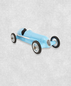 Vintage racing silberfeil car  model inspired by classic Grand Prix racers and Silver Arrow legends, featuring a blue race car body with a striking black seat. A collectible car model for motorsport and classic car enthusiasts. Viewed from a diagonal perspective.