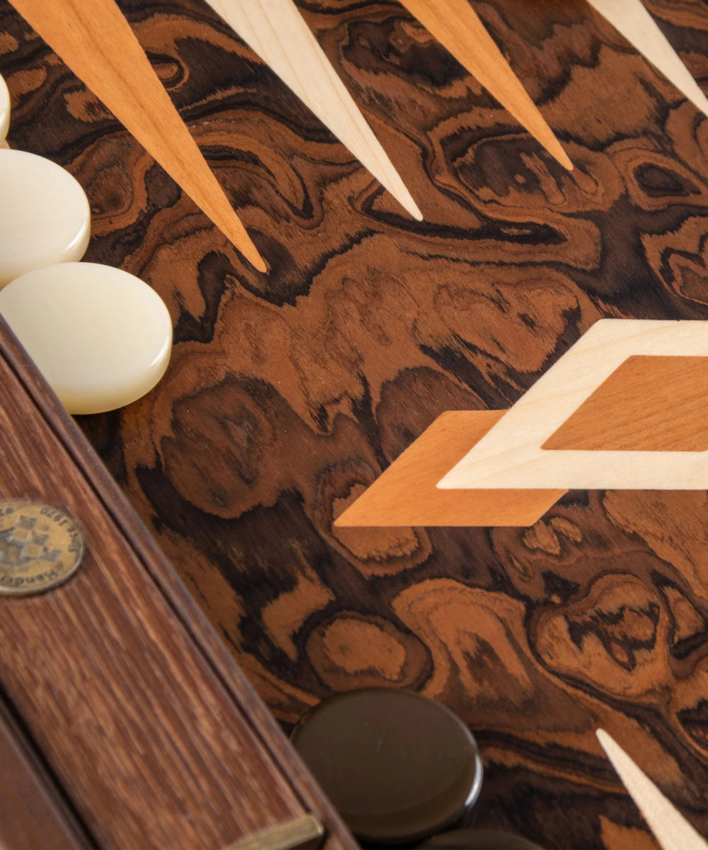 California Walnut burl backgammon zoom on checkers and board