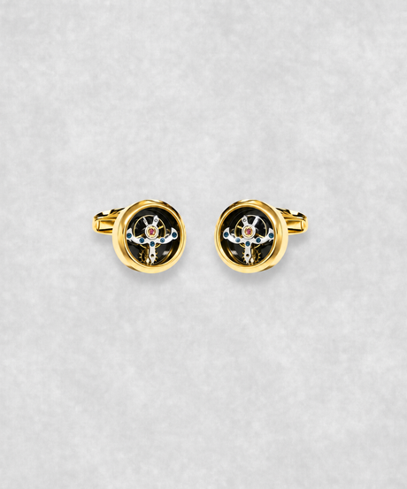 Gold-plated tourbillon cufflinks with moving flywheel – luxury watch-inspired cufflinks with blue screw details