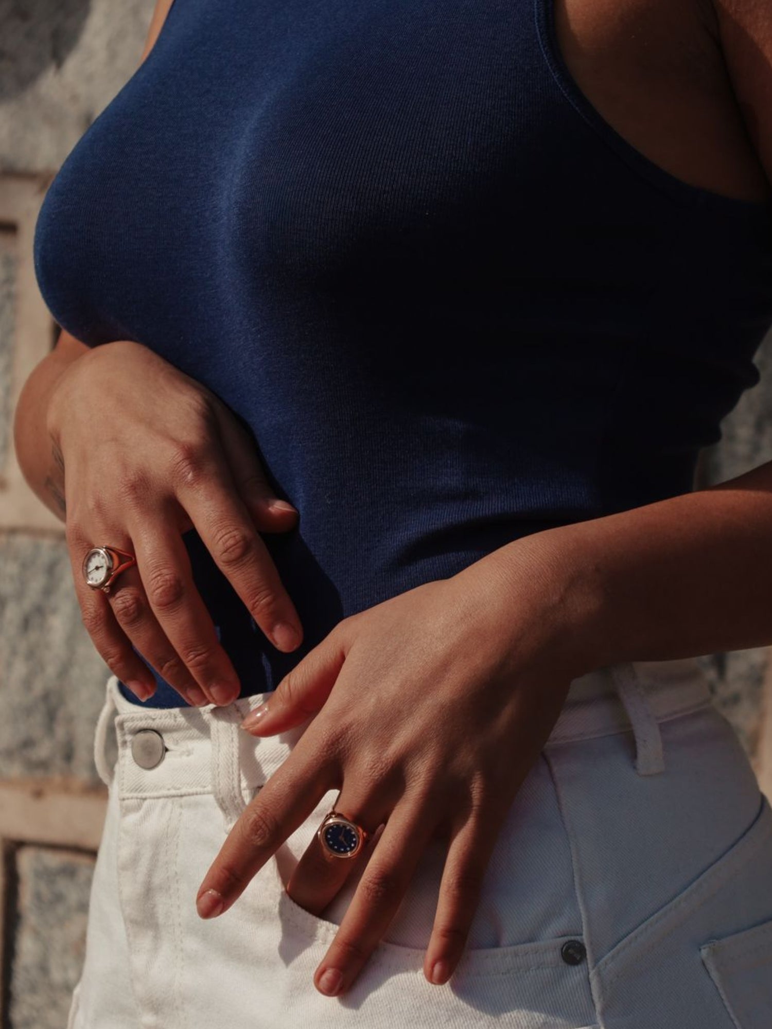 Rose gold ring watch by Maison Davis worn on finger – elegant jewelry watch