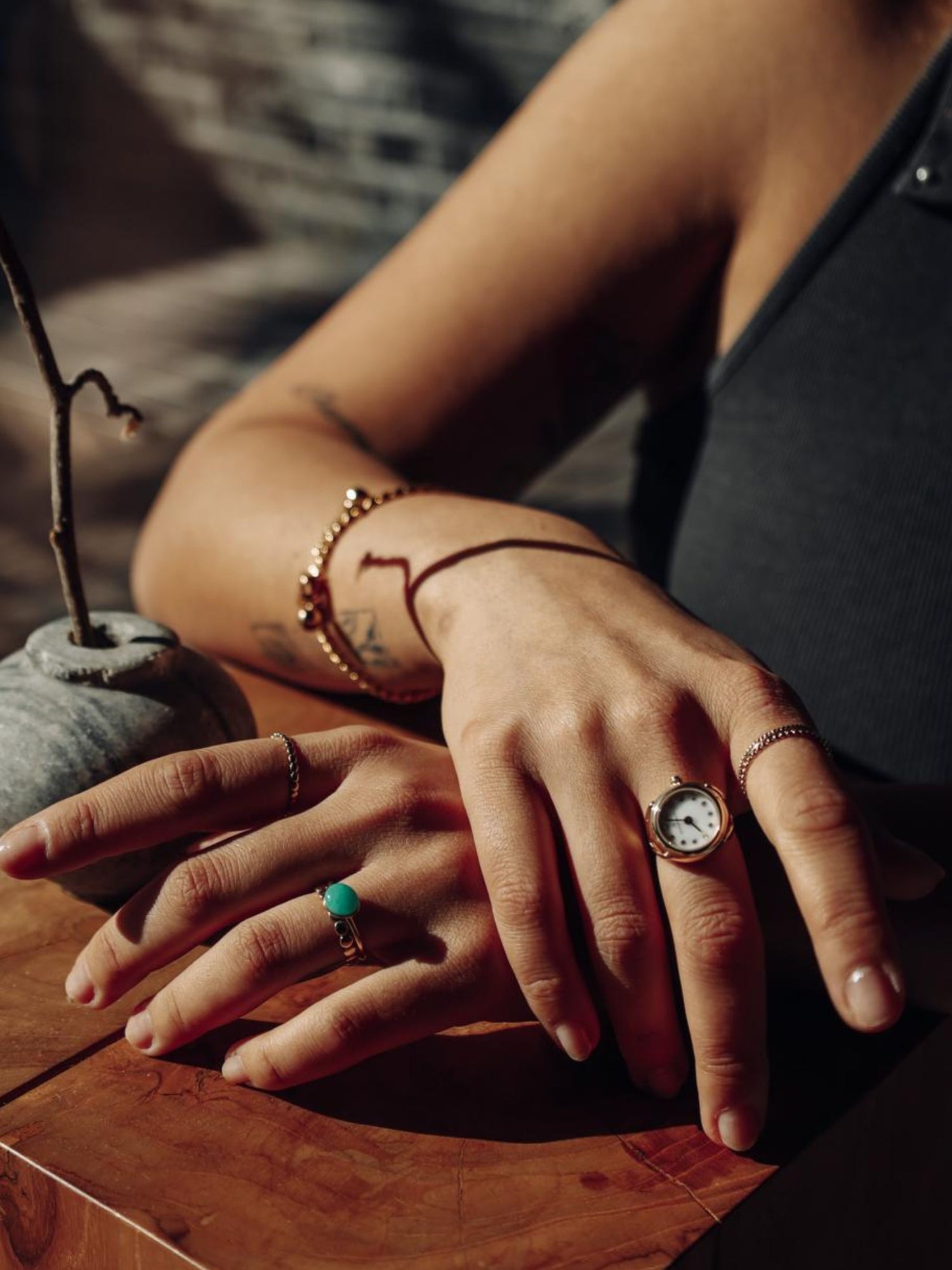 Ring watch Alpine white by Maison Davis worn on a woman’s hand – elegant ring watch collection