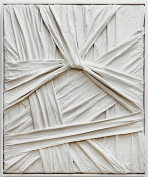 Grey sculptural wall art titled "Knot" by Sarah Kvejborg, resembling a twisted knot.