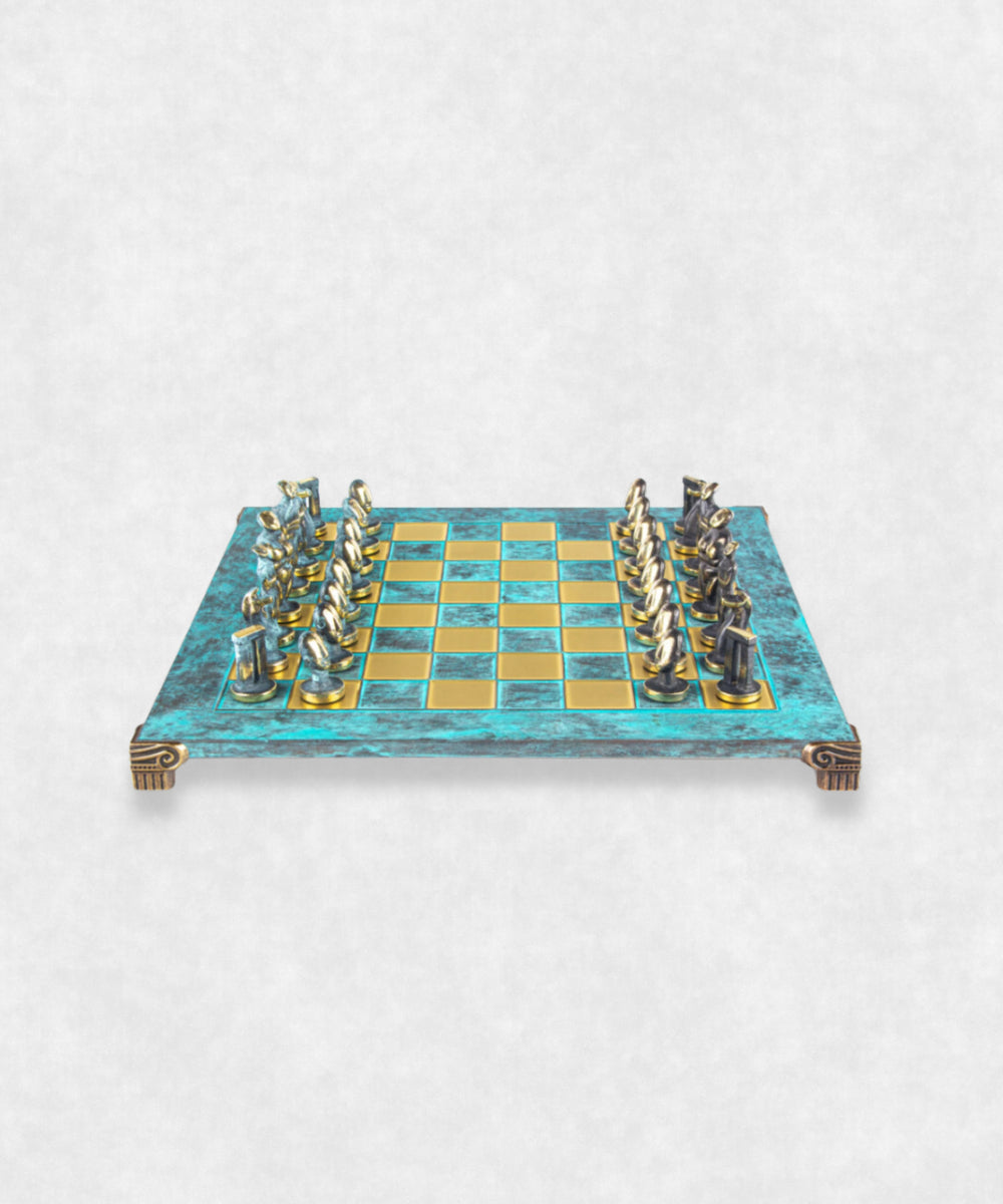 cycladic art chess zoom on chessmen turquoise board