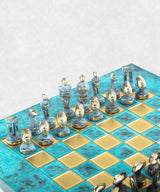 cycladic art chess zoom on chessmen turquoise board zoom view