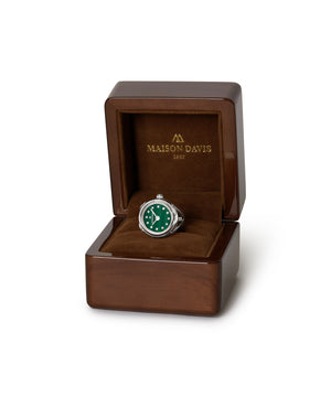 Ring watch Maison Davis in stainless steel with green malachite dial, crystal markers, Swiss made.