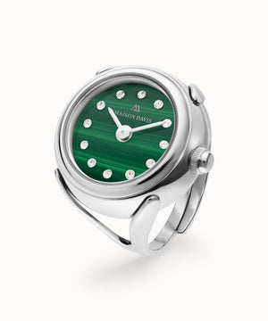 Bague montre Maison Davis en acier inoxydable avec un cadran.en malachite naturel, fabrique en suisse.