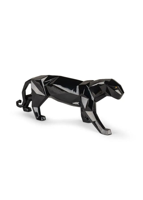 Side view of handcrafted glossy black porcelain panther sculpture made in Spain